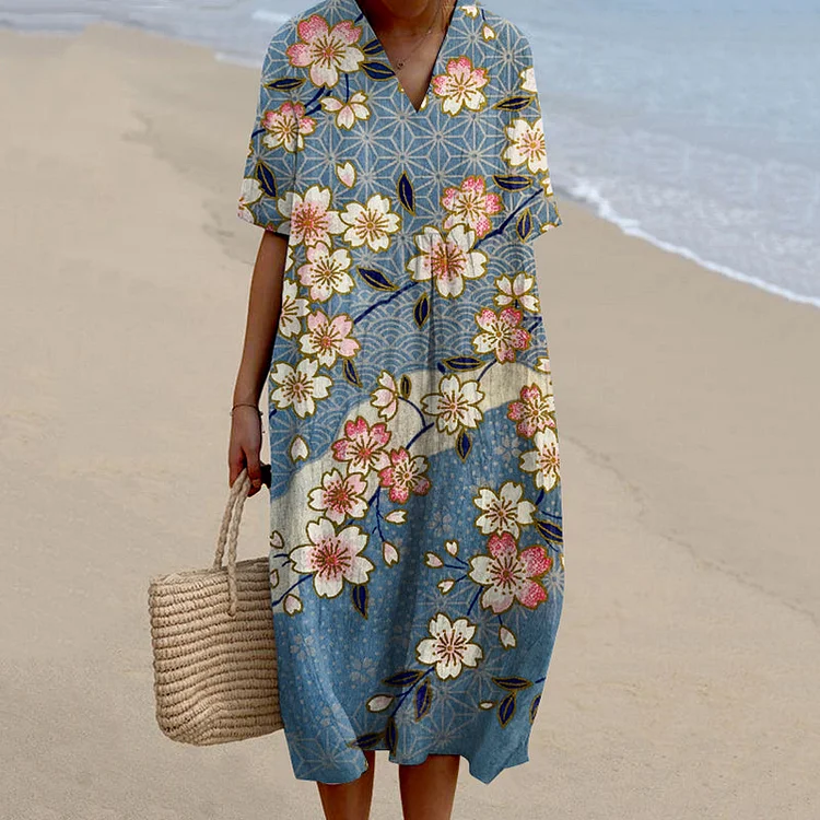 Japanese Plum Blossom Art Printed V Neck Casual Midi Dress