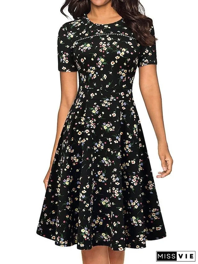 Work Dress Semi Formal Dress Fashion Midi Dress Print Crew Neck Short Sleeve Floral Slim Black White Red Spring Summer S M L XL for Women