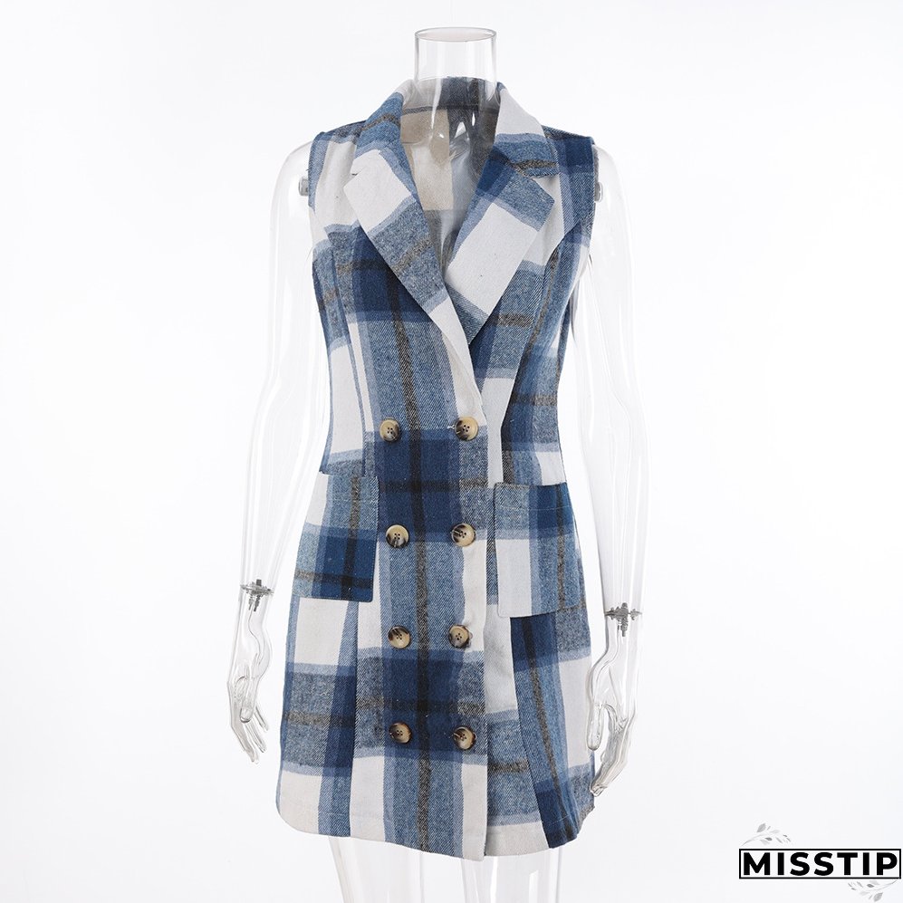 Women's Fashion Plaid Long Vest Turndown Collar Sleeveless Blazer