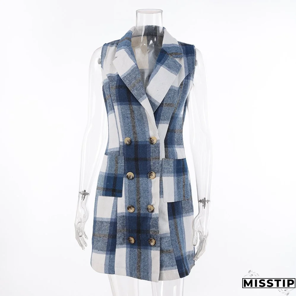 Women's Fashion Plaid Long Vest Turndown Collar Sleeveless Blazer