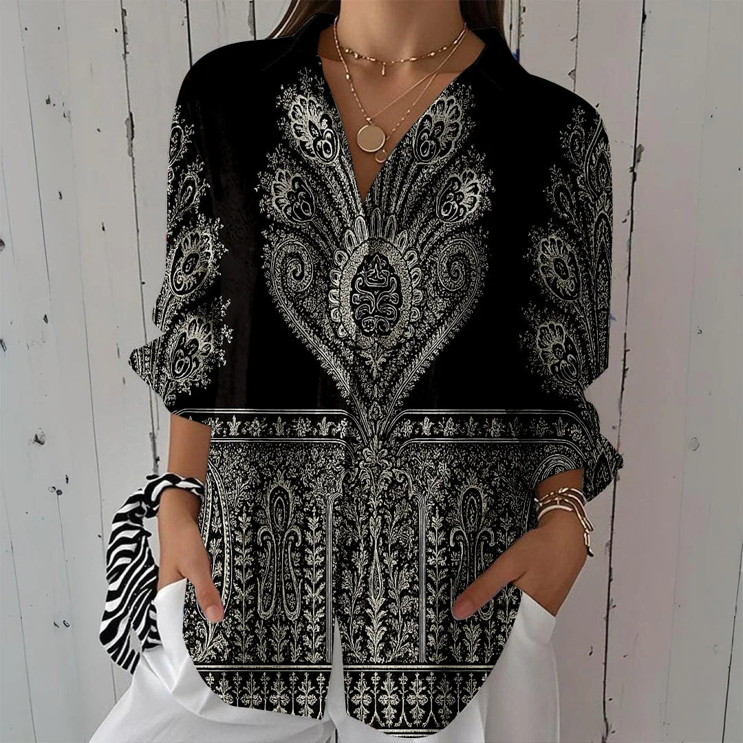 Style & Comfort for Mature Women Women Black, Perris, White DZCL0381 3/4 Sleeve Shirt Collar Printed Button Tops