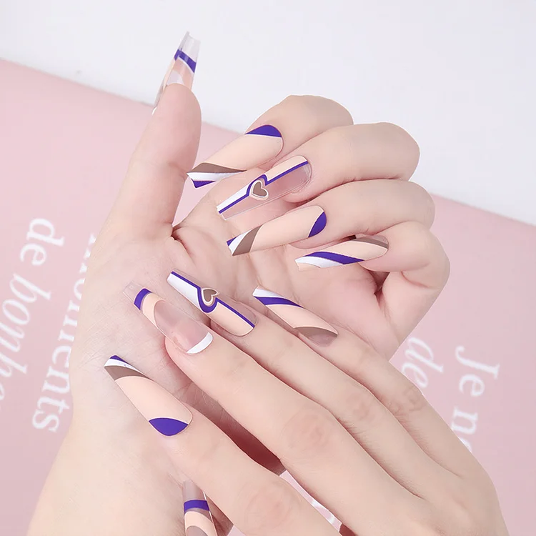 2022 Pop Art Sense  Style Long Ballet Nail Internet Celebrity Manicure Simple French Blue Frosted Fake Nail Patch