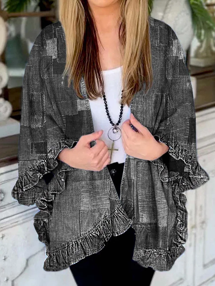 UR Fashion Patchwork Ruffle Trim 3/4 Sleeve Loose Cardigan