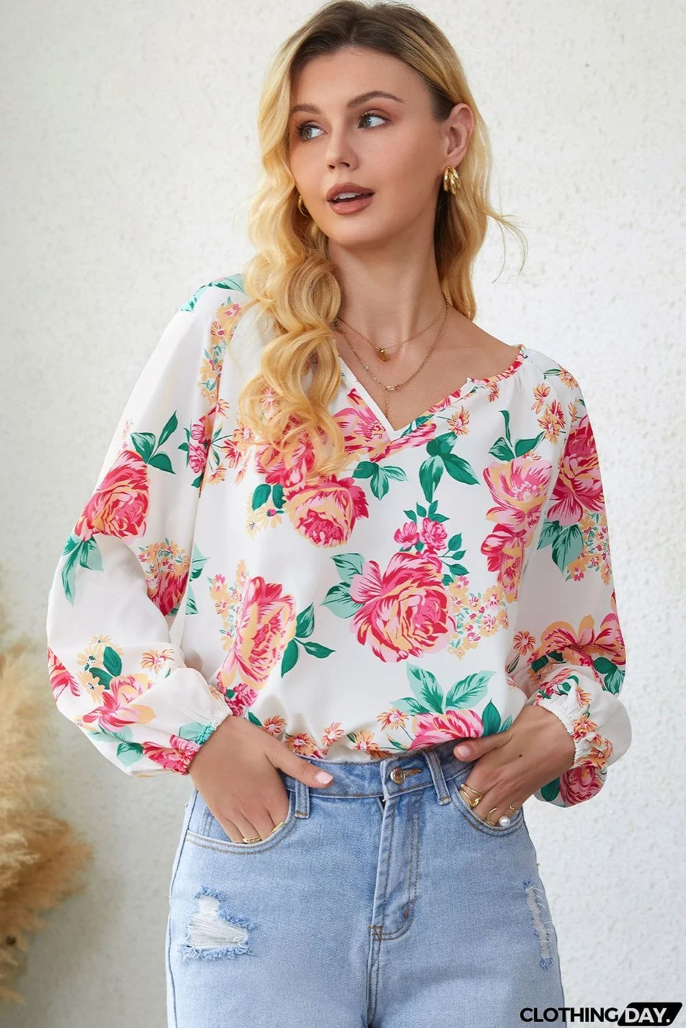 Floral Notched Neck Long Sleeve Blouse