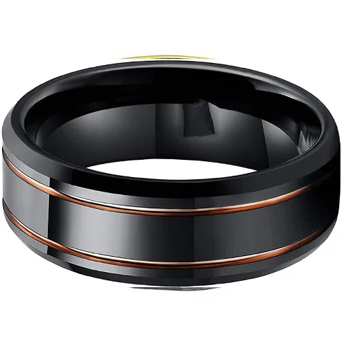 6MM 8MM Women's Or Men's Black Tungsten Carbide Polished Beveled Edge Rose Gold Grooves Wedding Bands Engagement
