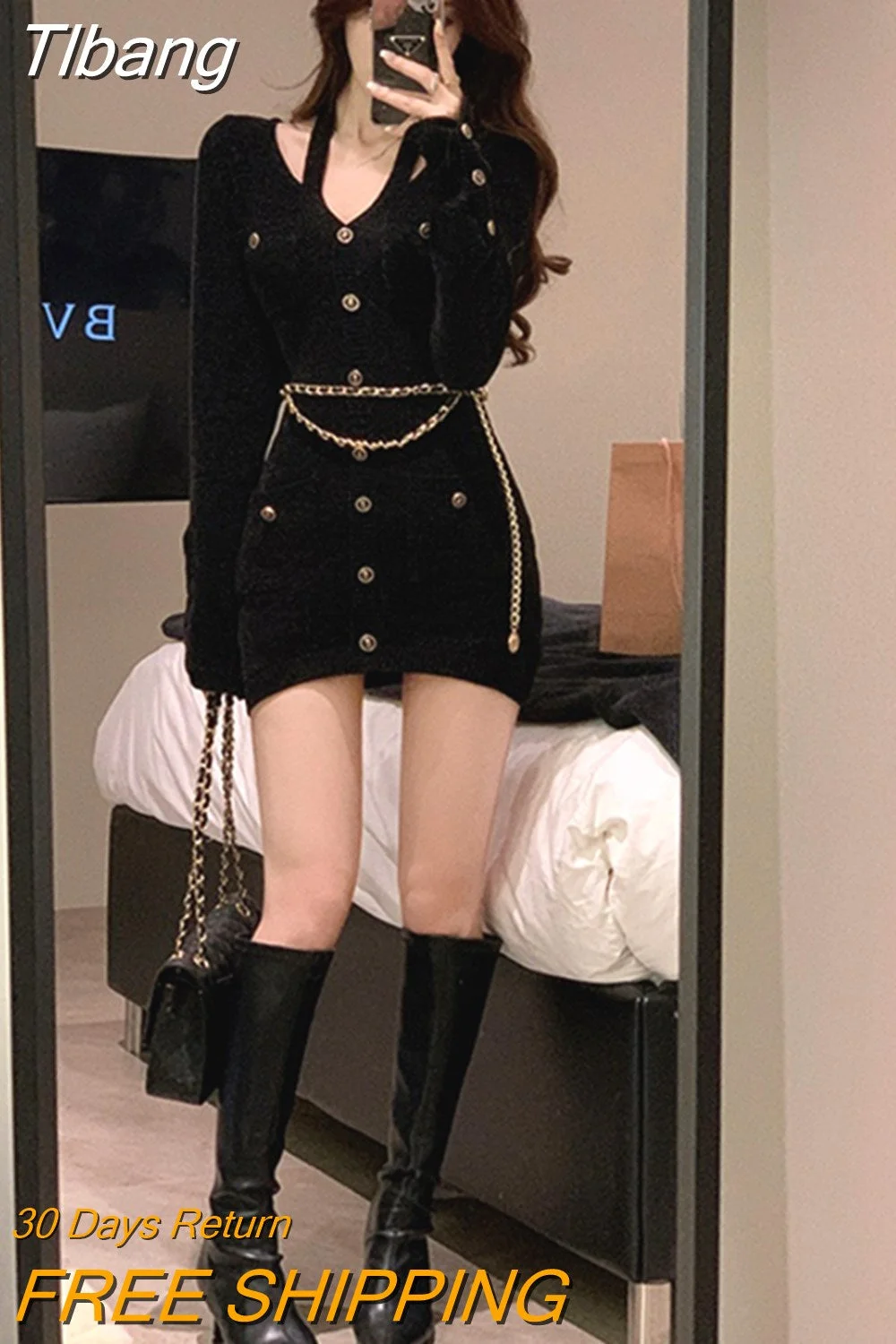 Tlbang Solid Vintage Knitted Dress Women Patchwork Y2k Party Mini Dress Female Casual Korean Fashion Designer Sweater Dress 2023