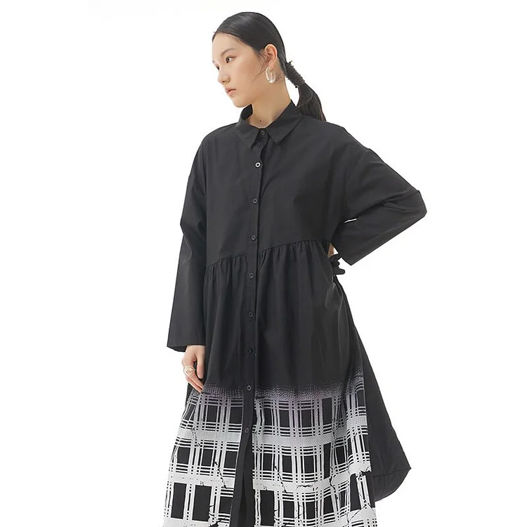 Fashion Loose Lapel Contrast Color Gradient Plaid Printed Long Sleeve Shirt Dress         