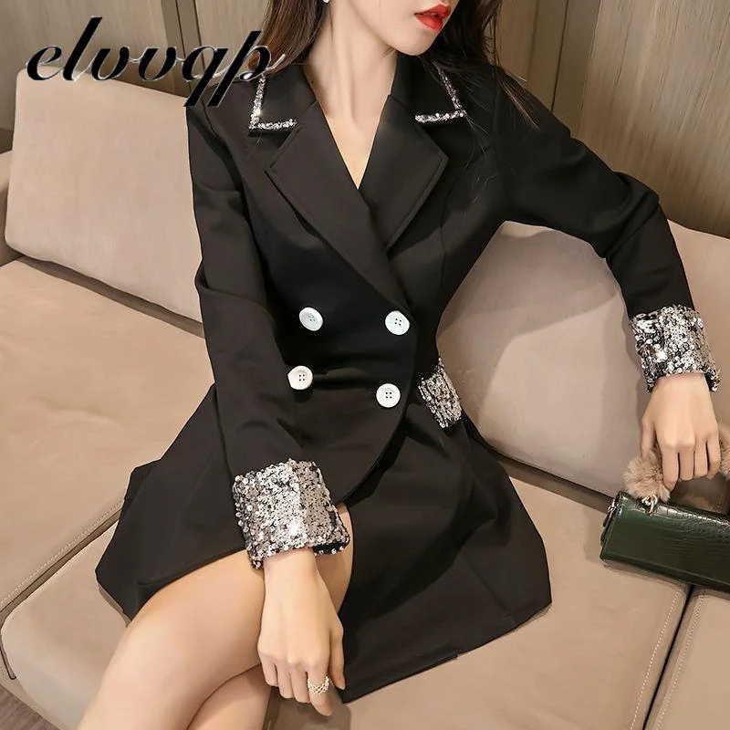 Autumn Sexy Long Sleeve Blazer Dress Office Lady Elegant Notched Bodycon Party Dress Women Solid Double Buttons Mini Dresses