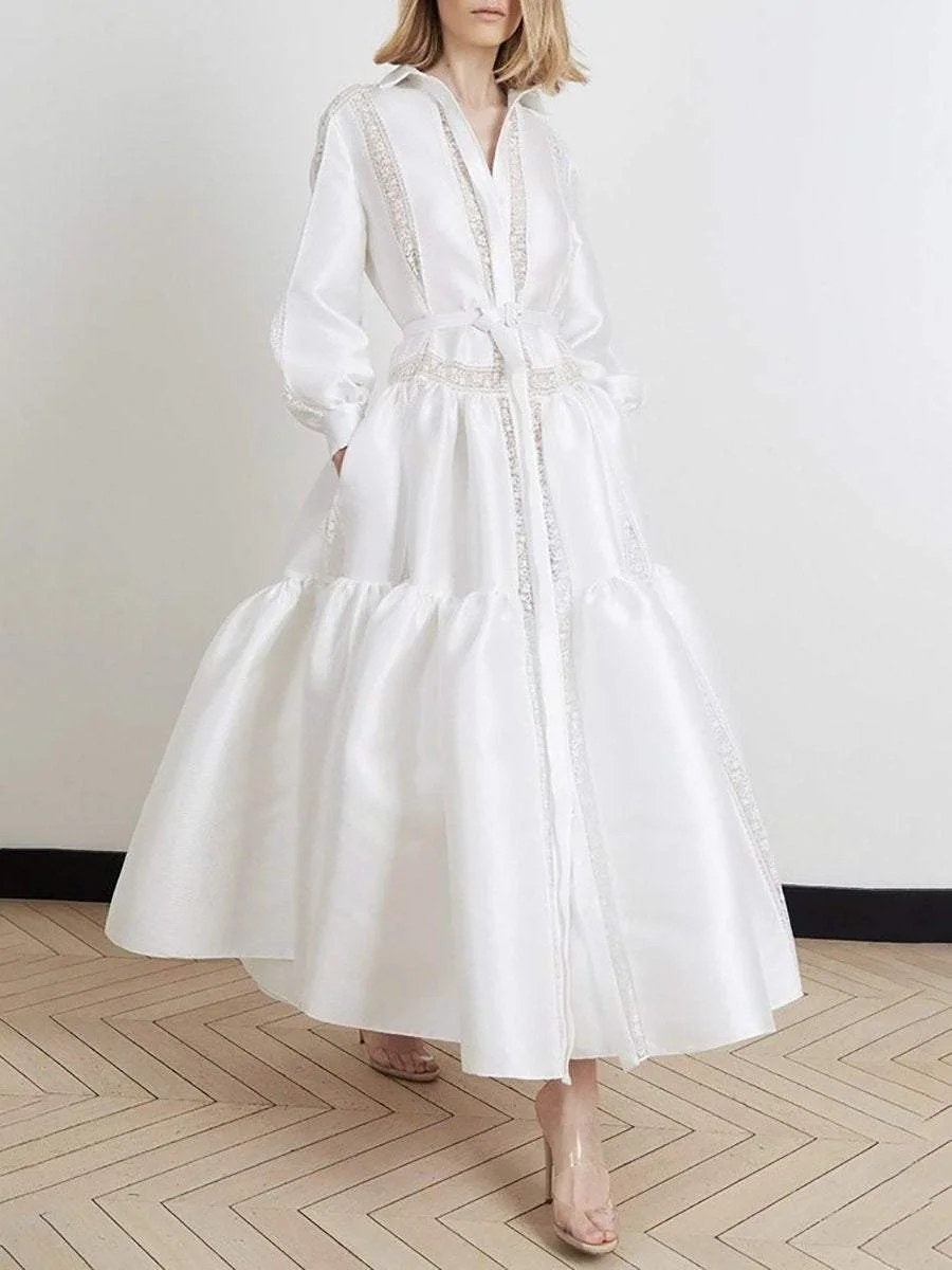 Solid color V-neck long-sleeved dress