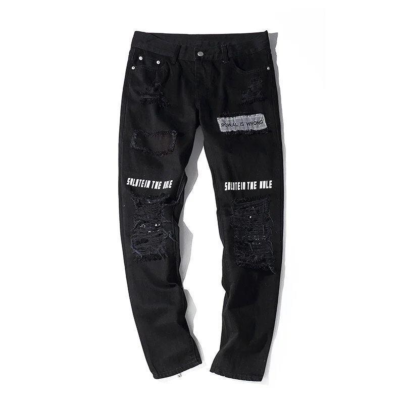 High Street Hole Retro Graffiti Black Skull Jeans Men's Original Straight Slim Punk Pants Calca Masculina Denim Trousers