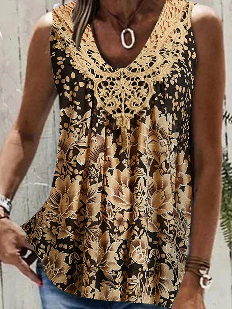 Women's Sleeveless V-neck Floral Printed Lace Stitching Colorblock Tops