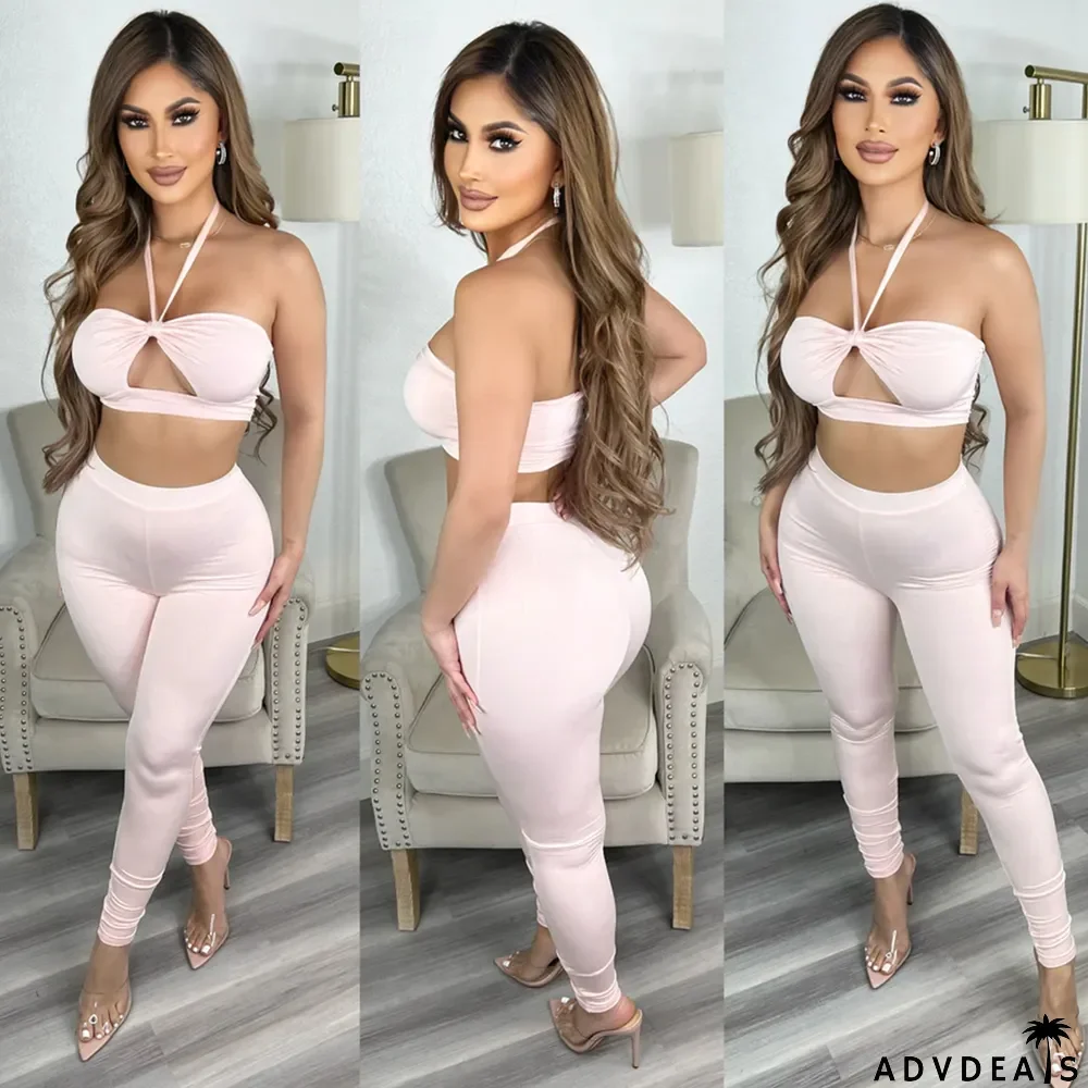 Summer Women sexy cutout Lace-Up crop top+pant two-piece set
