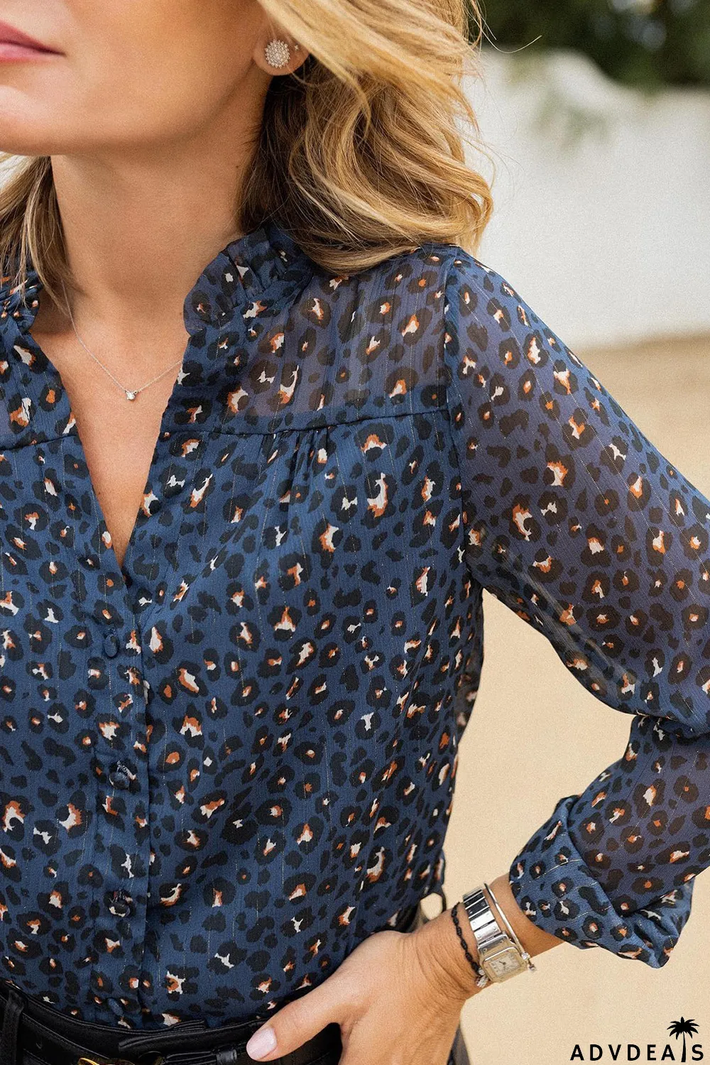 Blue Leopard Sheer Button Front Long Sleeve Shirt