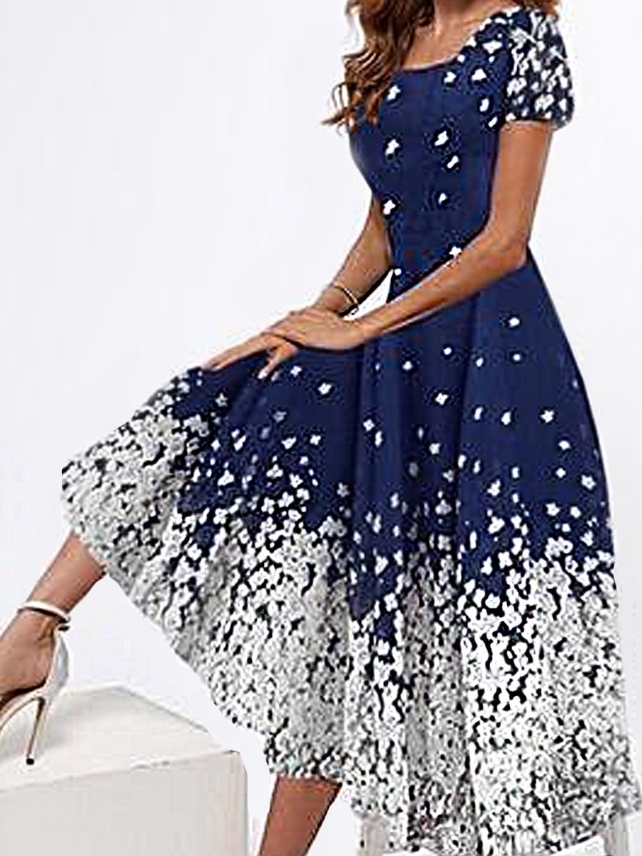 Casual Printed Round Neck Short Sleeve Nipped Waist Maxi Dress