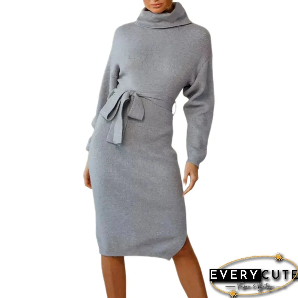 Gray Stand High Collar Knit Sweater Dress with Belt