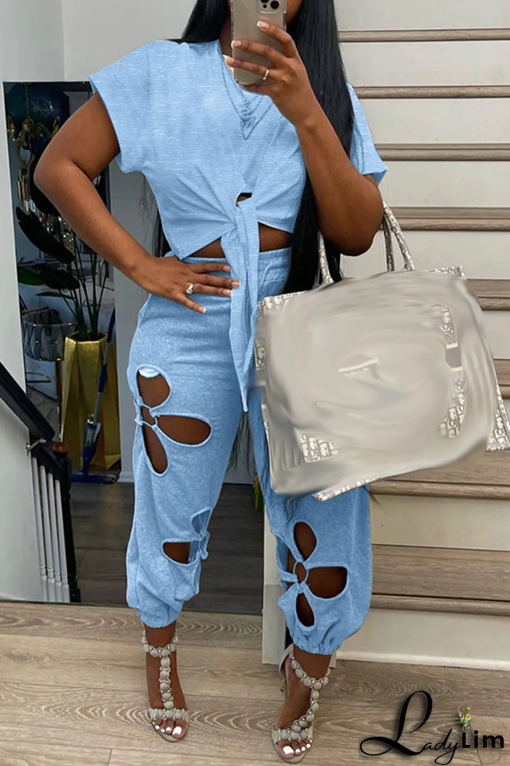 Grey Casual Solid Ripped O Neck Short Sleeve Two Pieces