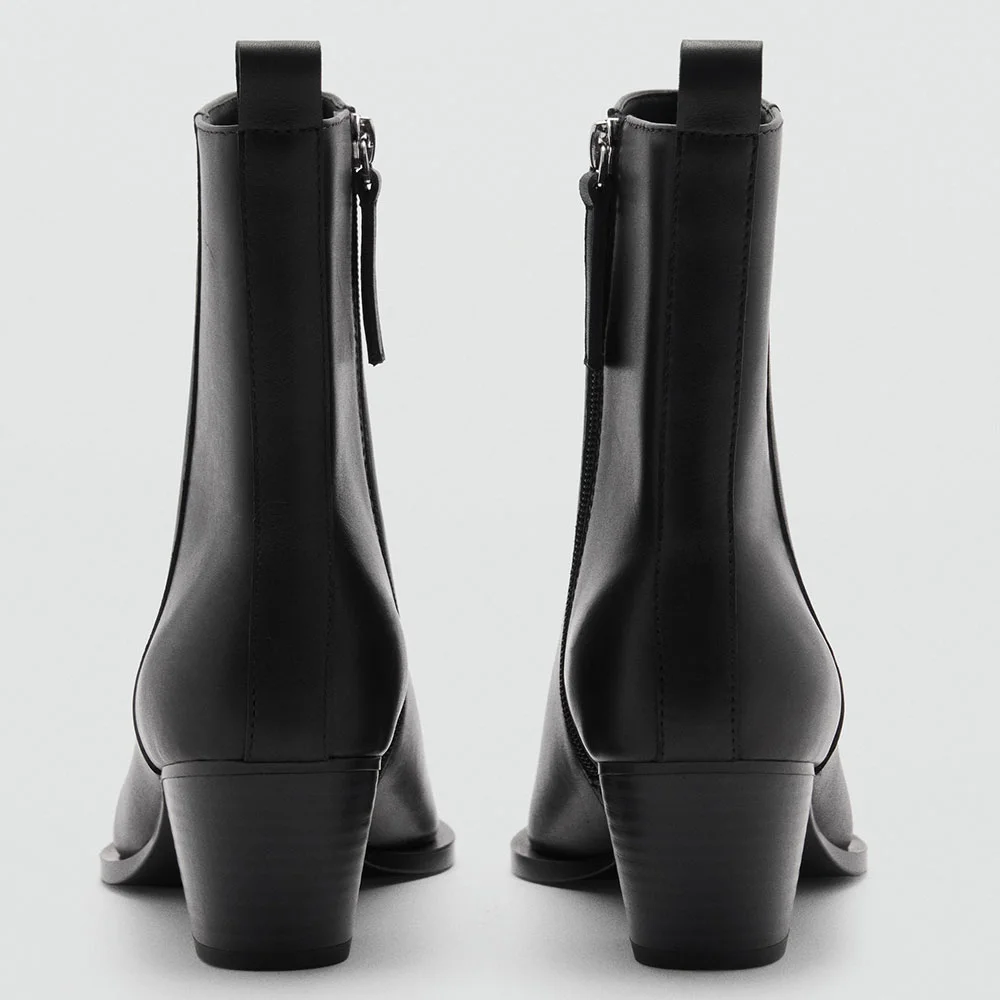 Black Square Toe Chunky Heel Side Zipper Short Boots for Women