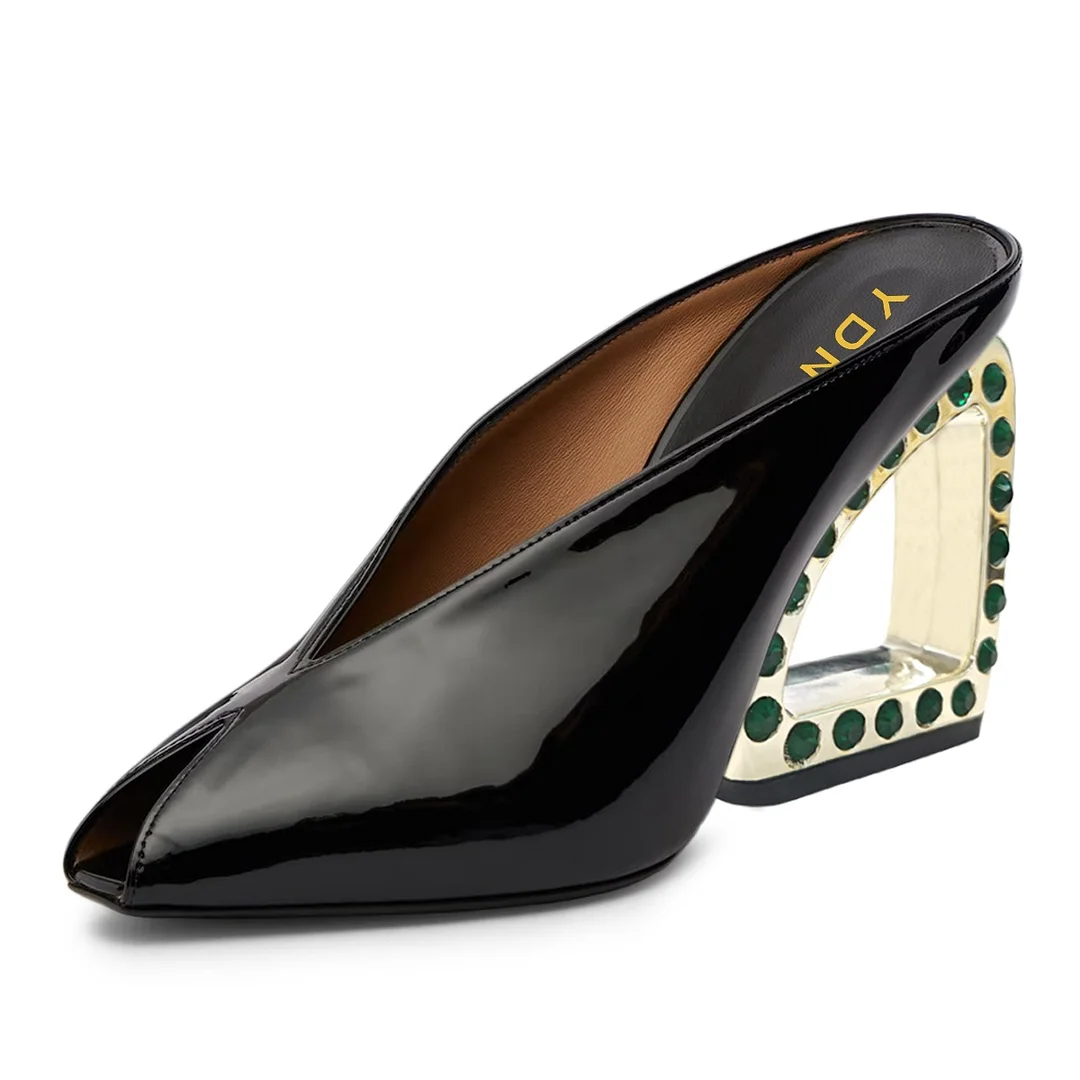 Women's Fashion Black Peep Toe Sculptural Heeled Mules with Rhinestone