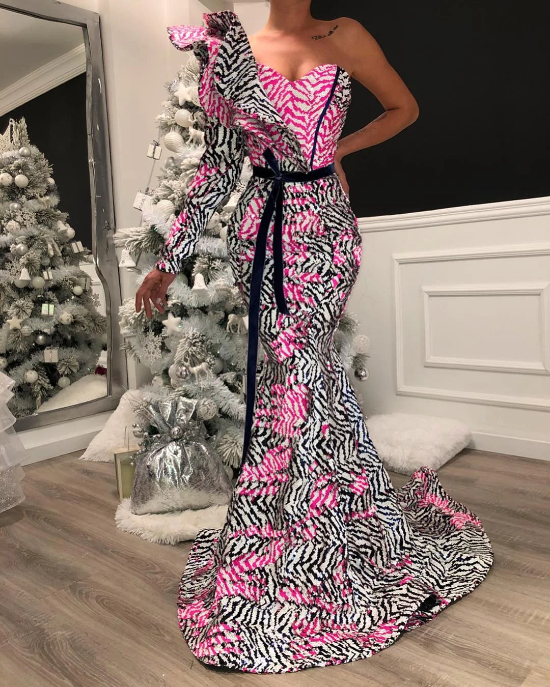 Pink & White Zebra One Sleeve Dress