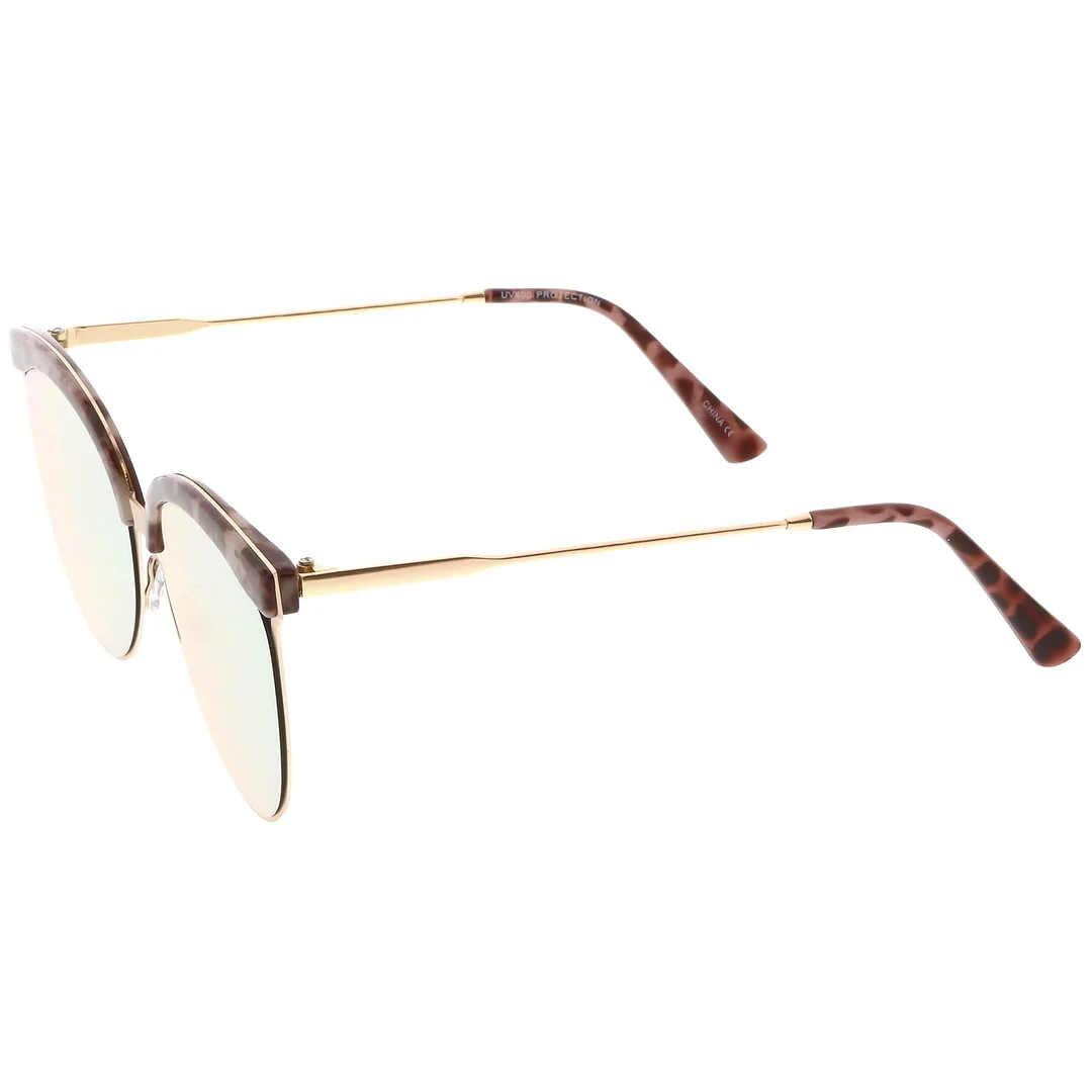 Modern Semi-Rimless Cat Eye glasses Cutout Round Mirrored Flat Lens 55mm