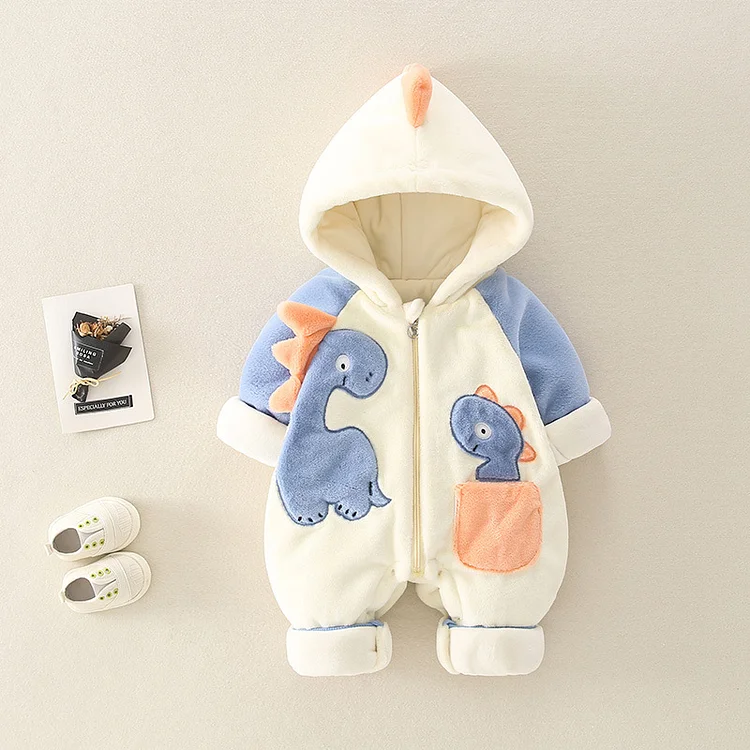 Winter Baby Boy/Girl Dinosaur Patch Long Sleeve Hooded Fluff Romper