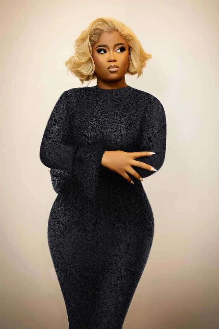 Textured Long Sleeve Semi-Sheer Party Maxi Fishtail Dresses-Black