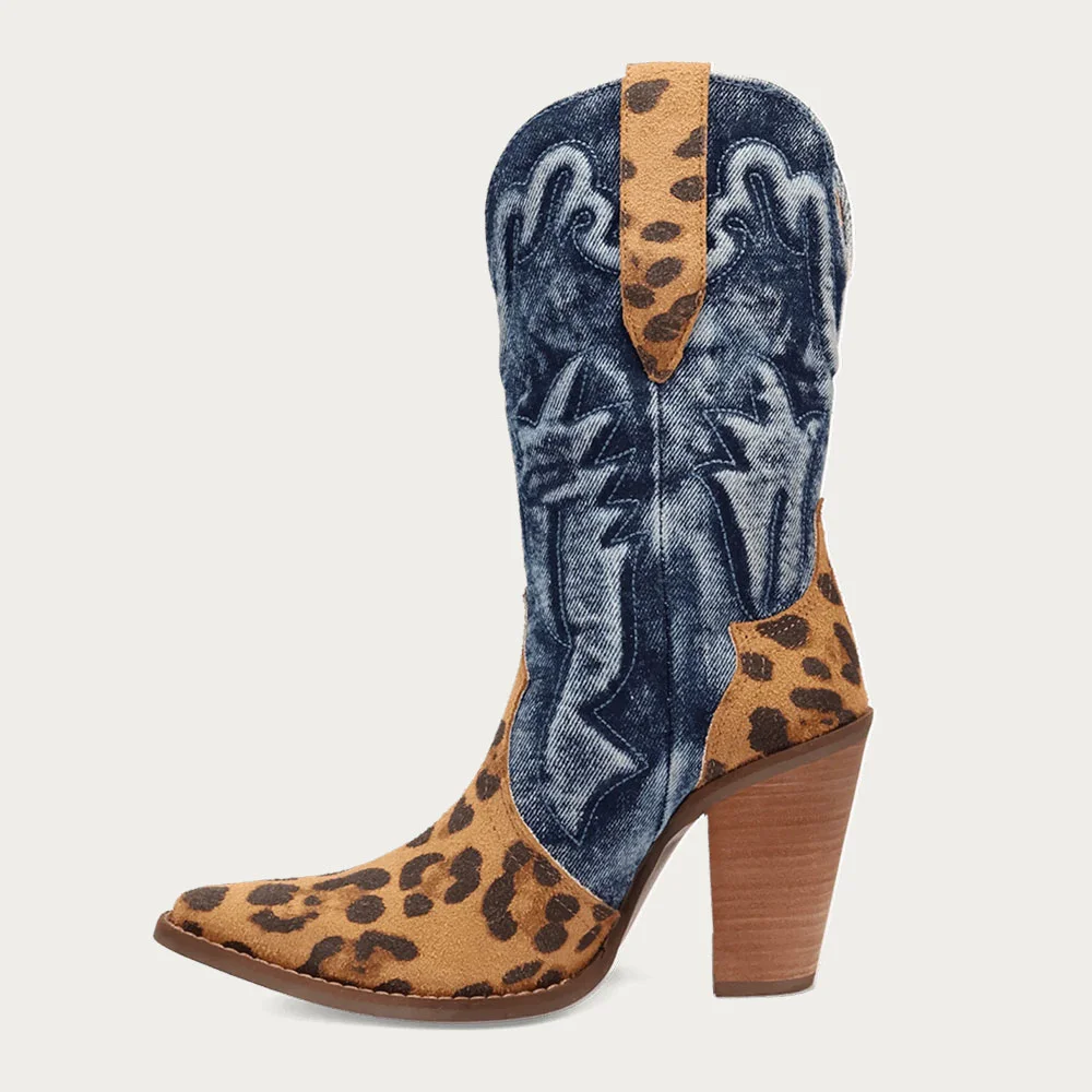 Multicolor Pointed Toe Patchwork Leopard Print Western Boots for Women
