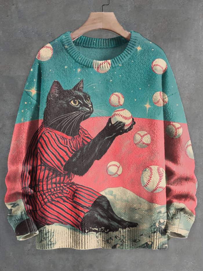 Men's Cat Playing Baseball Art Print Knit Sweatshirt