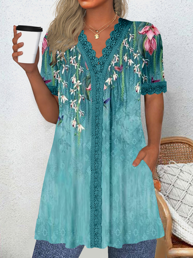 Women Long Sleeve V-neck Graphic Floral Printed Top