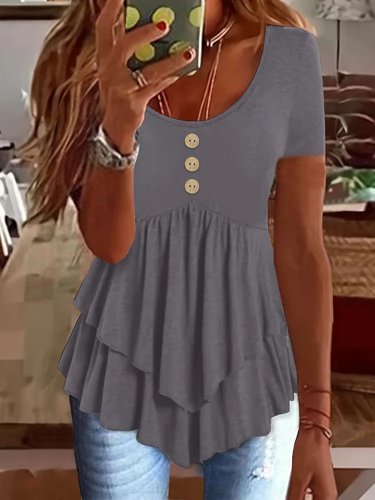 New Women's Fashion Three Button Casual Solid Color Short Sleeve Dress To