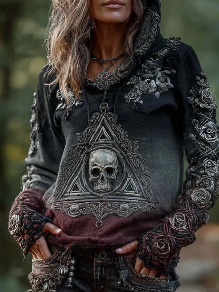 Women's Vintage Skeleton Celtic Triangle Gradient Cotton And Linen Hoodie