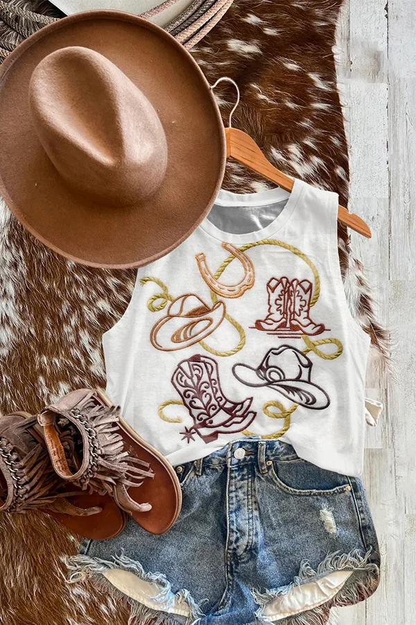 Vintage Western Boots Print Vest
