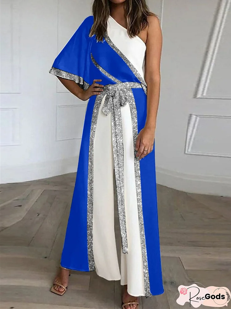 Women's New Fashion Solid Color Diagonal Neck One-Piece Wide Leg Pants