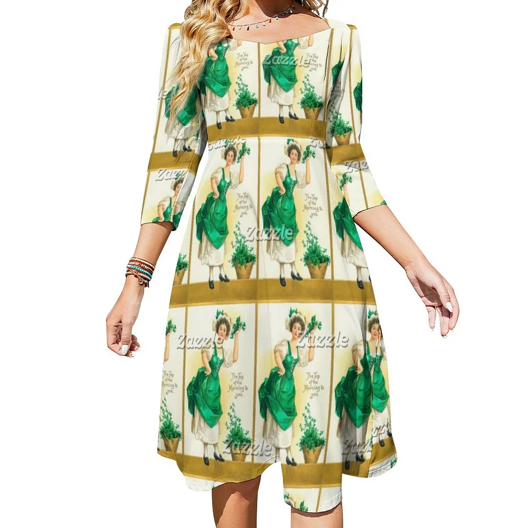Vintage St Patricks Day Happy Woman And Clovers Dress Sweetheart Tie Back Flared 3/4 Sleeve Midi Dresses