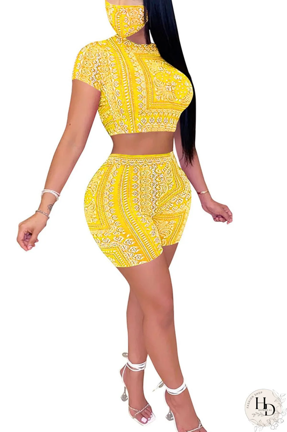 Red Sexy Print O Neck Short Sleeve Short Two Pieces