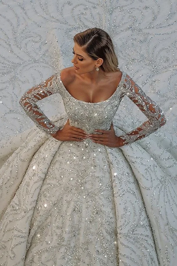 Miabel Stunning Satin Off The Shoulder Backless Long Ball Gown Wedding Dress Crystal With Sequins