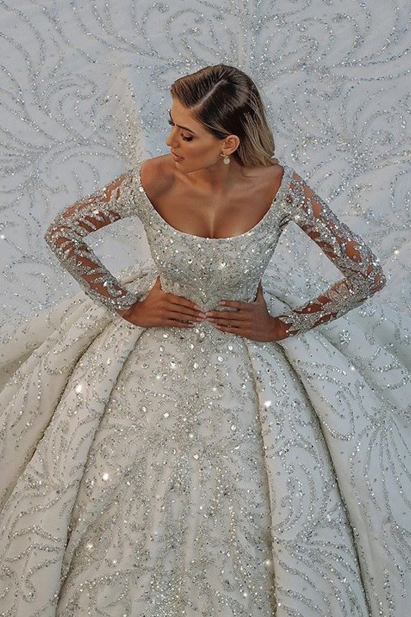 Charming Long Ball Gown Satin Off-The-Shoulder Backless Wedding Dress Crystal With Sequins | Ballbellas Ballbellas
