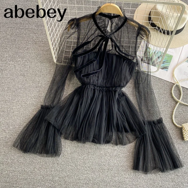 New Summer Vintage fashion stand collar flare sleeve Shirt pleated waist lace up bow mesh patchwork Shirt Top