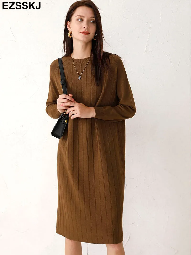 2021 Autumn Winter O-NECK Long  straight sweater Dress Women Casual oversize Sweater Dresses maix THICK  batwing sleeve Dress