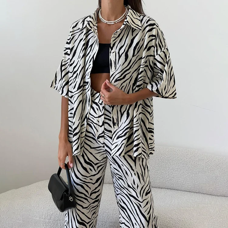Churchf Churchf Satin Zebra Striped Suit Female 2023 Summer Short Sleeve Shirt High Waist Trousers Two-Piece Set