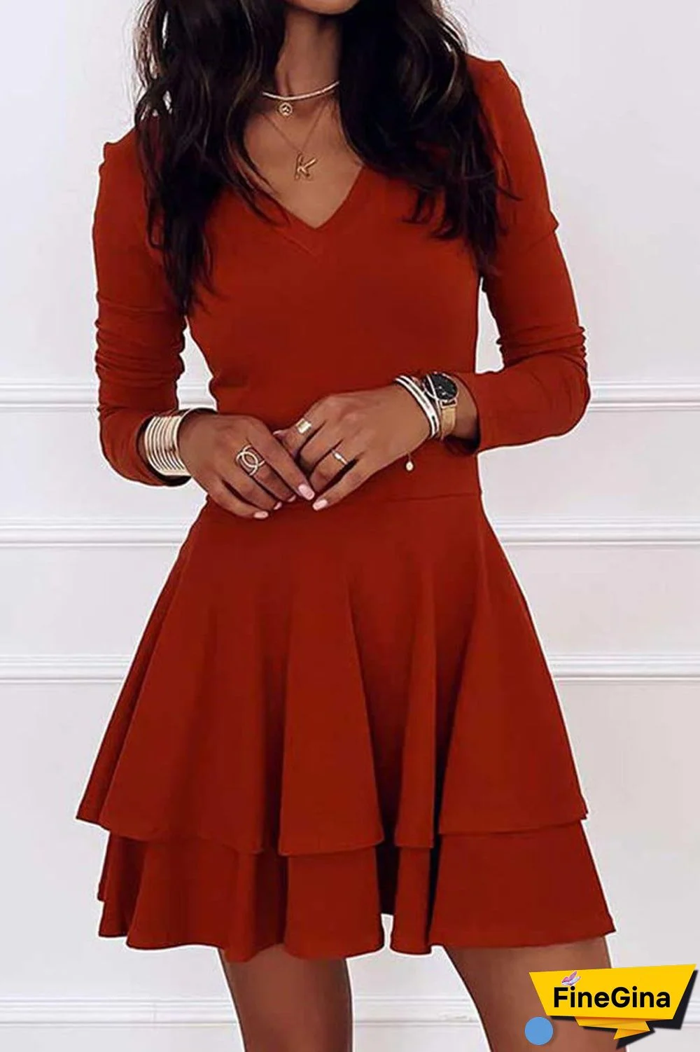 Solid Color V-Neck Tired Dress