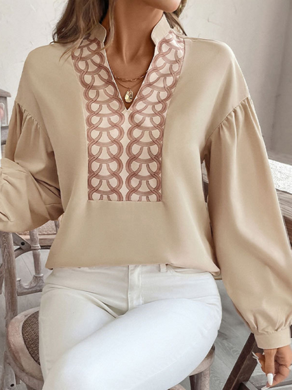 Mature Women Fashion Long-sleeved Stand-up Collar Ethnic Style Printed Blouse Shirt Top