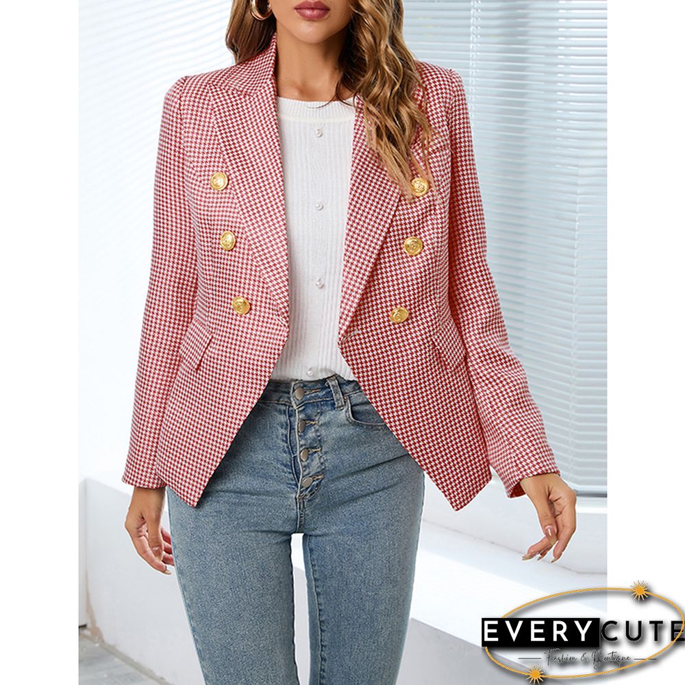 Red Double-breasted Houndstooth Blazer