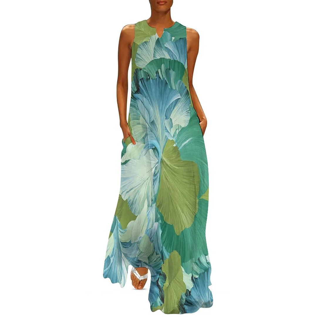 Style & Comfort for Mature Women Plus Size Printed Sleeveless Casual Women Maxi Dress with Pockets in Pattern Petals, Green, Blue
