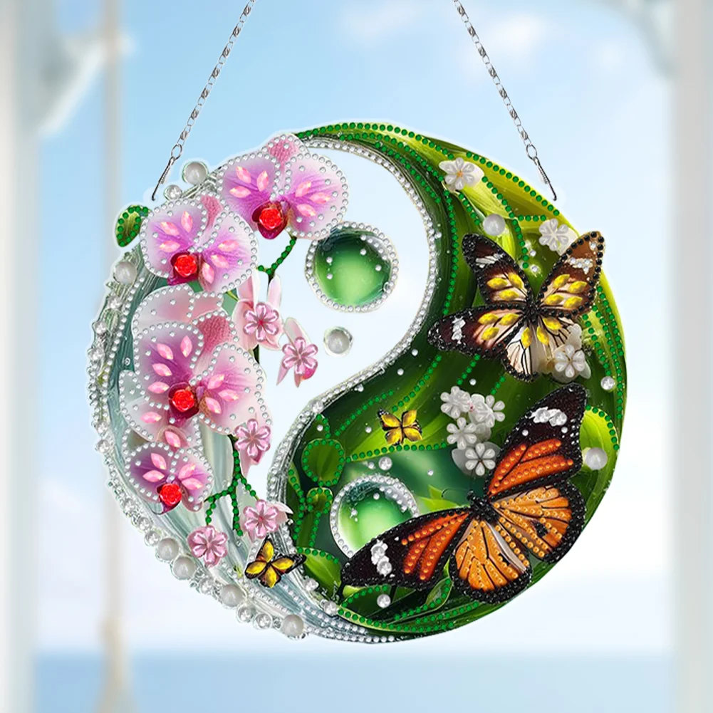 Butterfly Flower Yin Yang 2D Flat DIY Diamond Painting Set Diamond Art Pendant