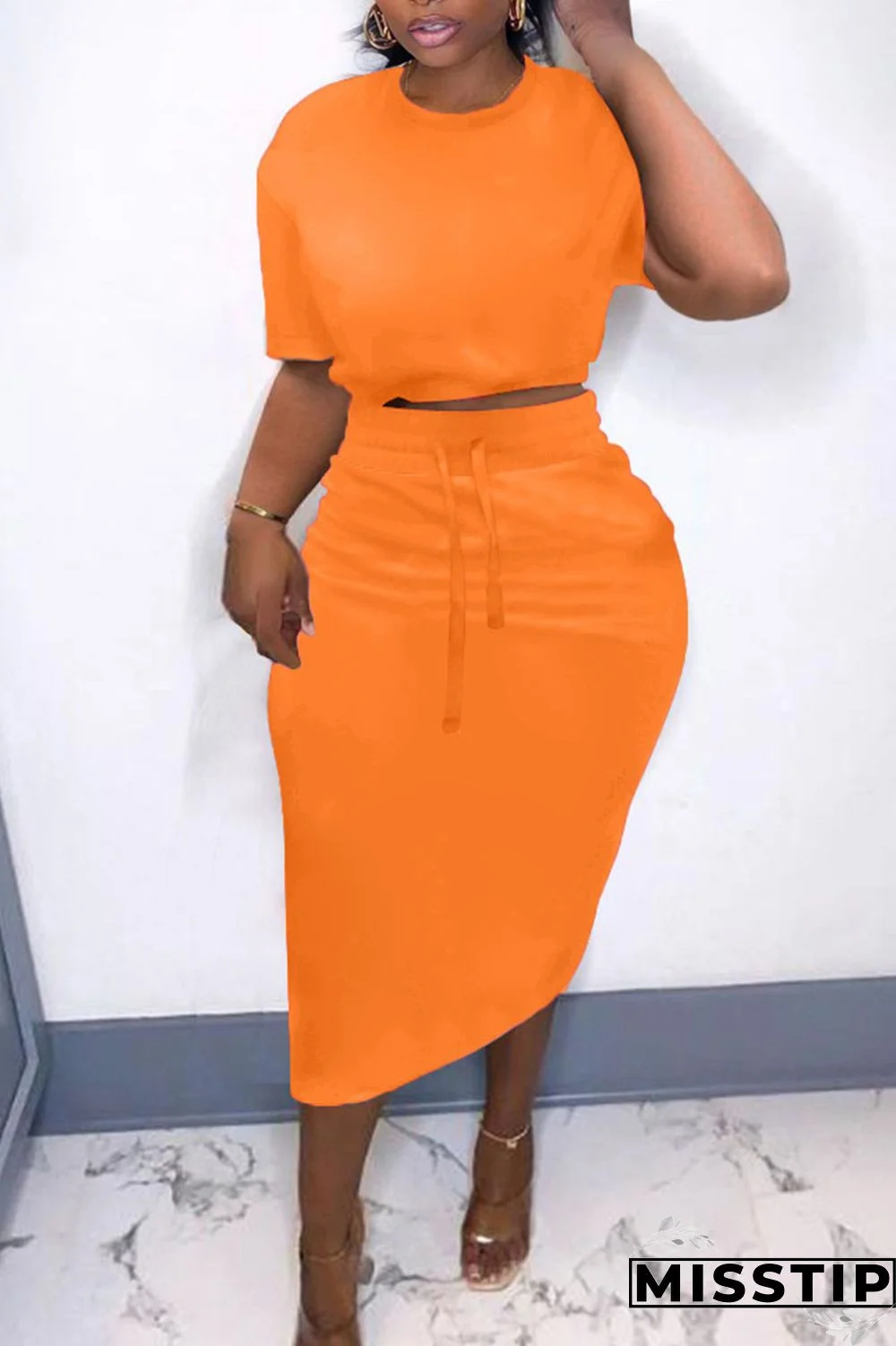 Tangerine Casual Solid Patchwork Slit O Neck Short Sleeve Two Pieces