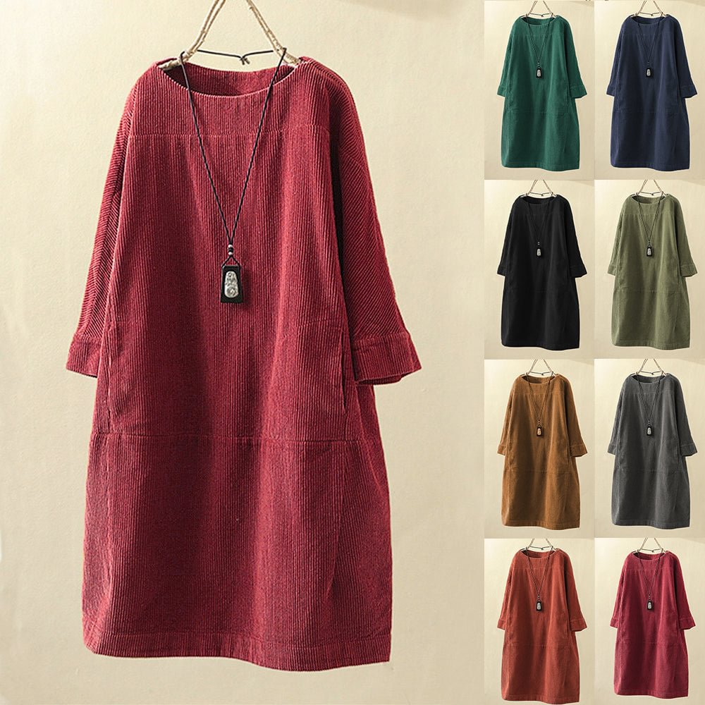 Plus Size Solid Color Vintage Long Sleeve Dresses