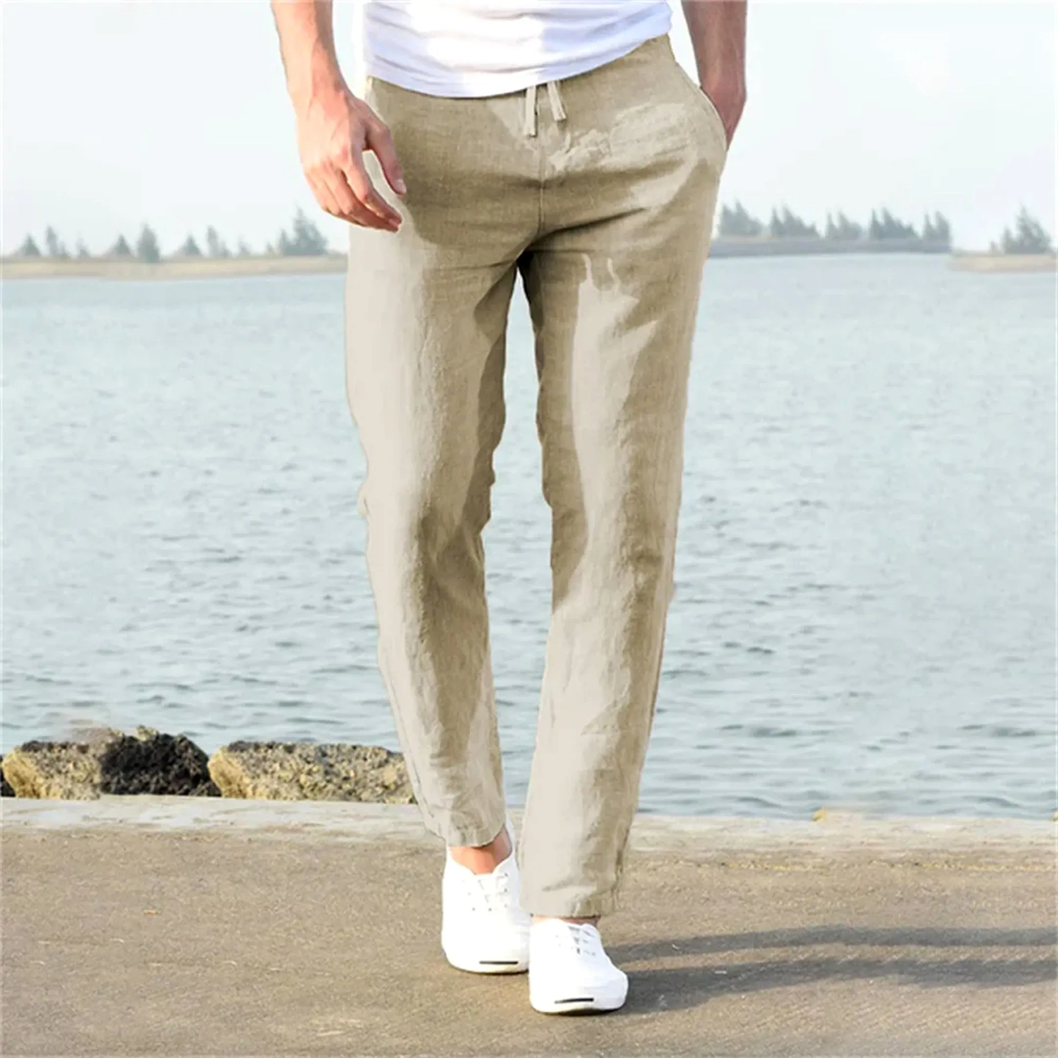 Men's Linen Blend Drawstring Trousers &ndash; Lightweight Summer Wear