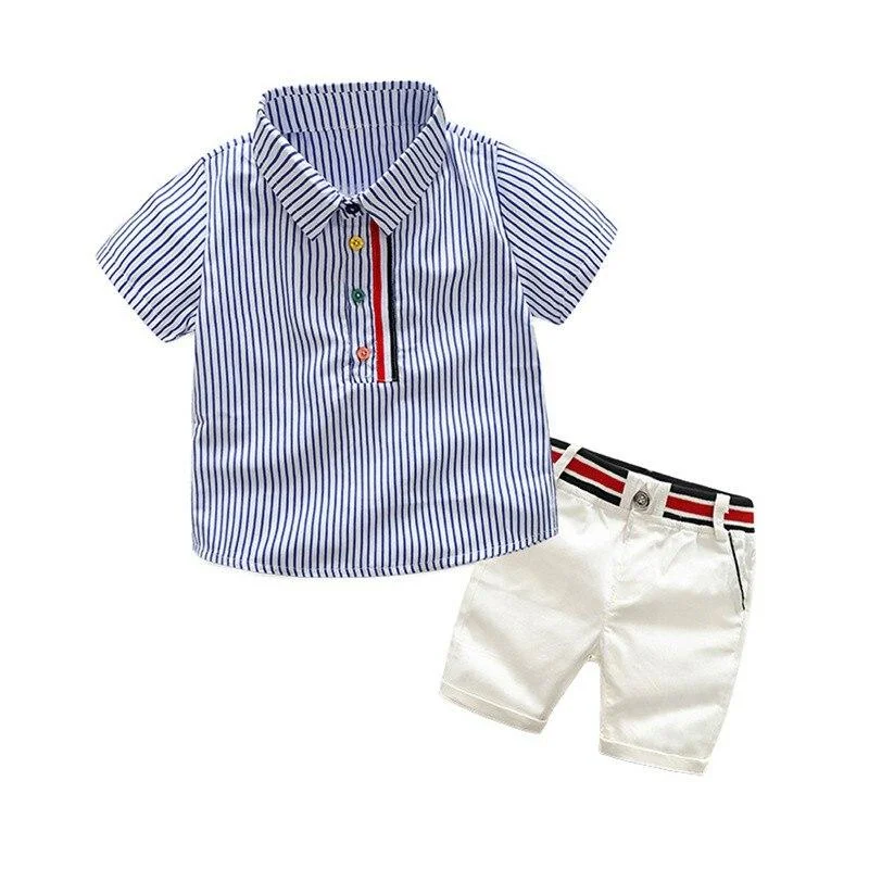 New Stripe Shirt Tops Pants Baby Boy Clothes Gentlemen Short Sleeve Soft Cotton Toddler Casual Outfit Children Party Wedding Set