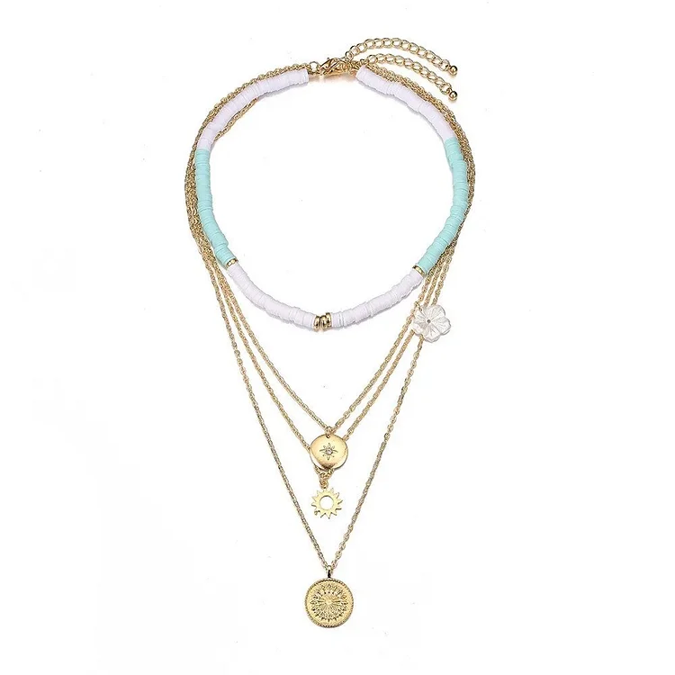 Fulaigao Fashion Jewelry Necklace Soft Pottery Starfish Shell Pendant Necklace Vintage Sun Multi Layer Necklace
